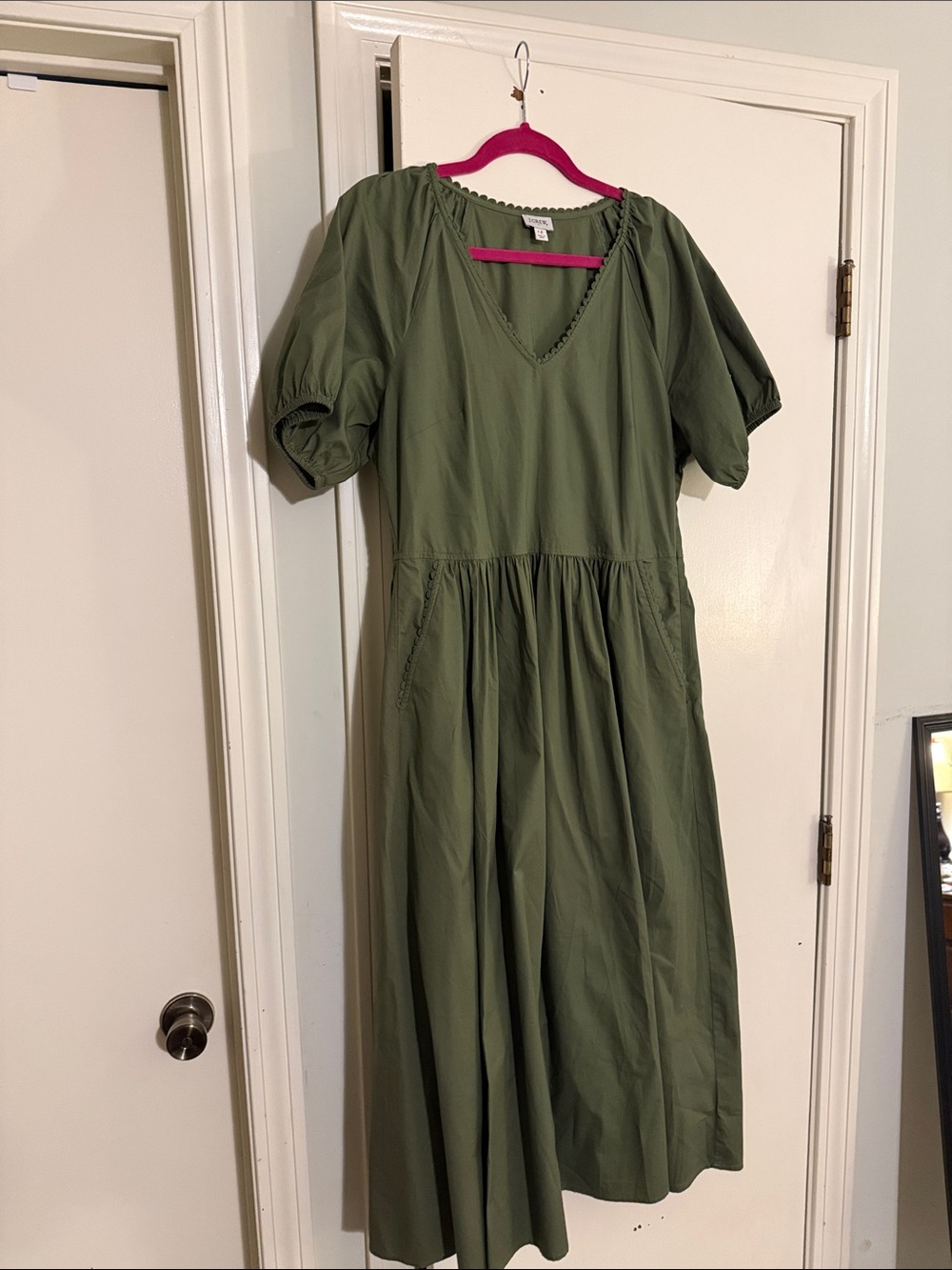 J. Crew Olive Green V-Neck Midi Dress with Puff Sleeves